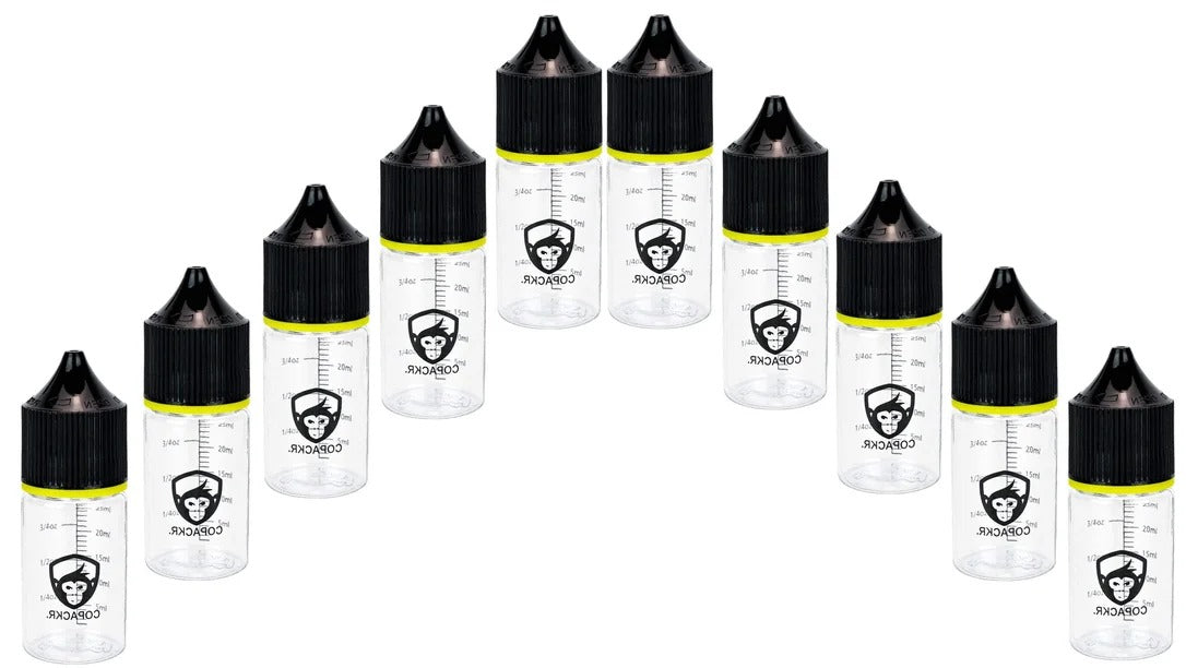 Chubby Gorilla 30ml mit Messskala V3 Pet Stubby Leerflasche + schwarzer Deckel – 10er Set