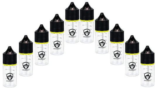Chubby Gorilla 30ml mit Messskala V3 Pet Stubby Leerflasche + schwarzer Deckel – 10er Set